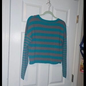 Vintage dELiaS* V neck Turquoise and Grey striped long sleeve top in XL